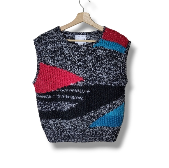 Vintage 80s Hand Knit Sweater Vest S Abstract New Wave Geometric Retro Korea - Picture 1 of 7